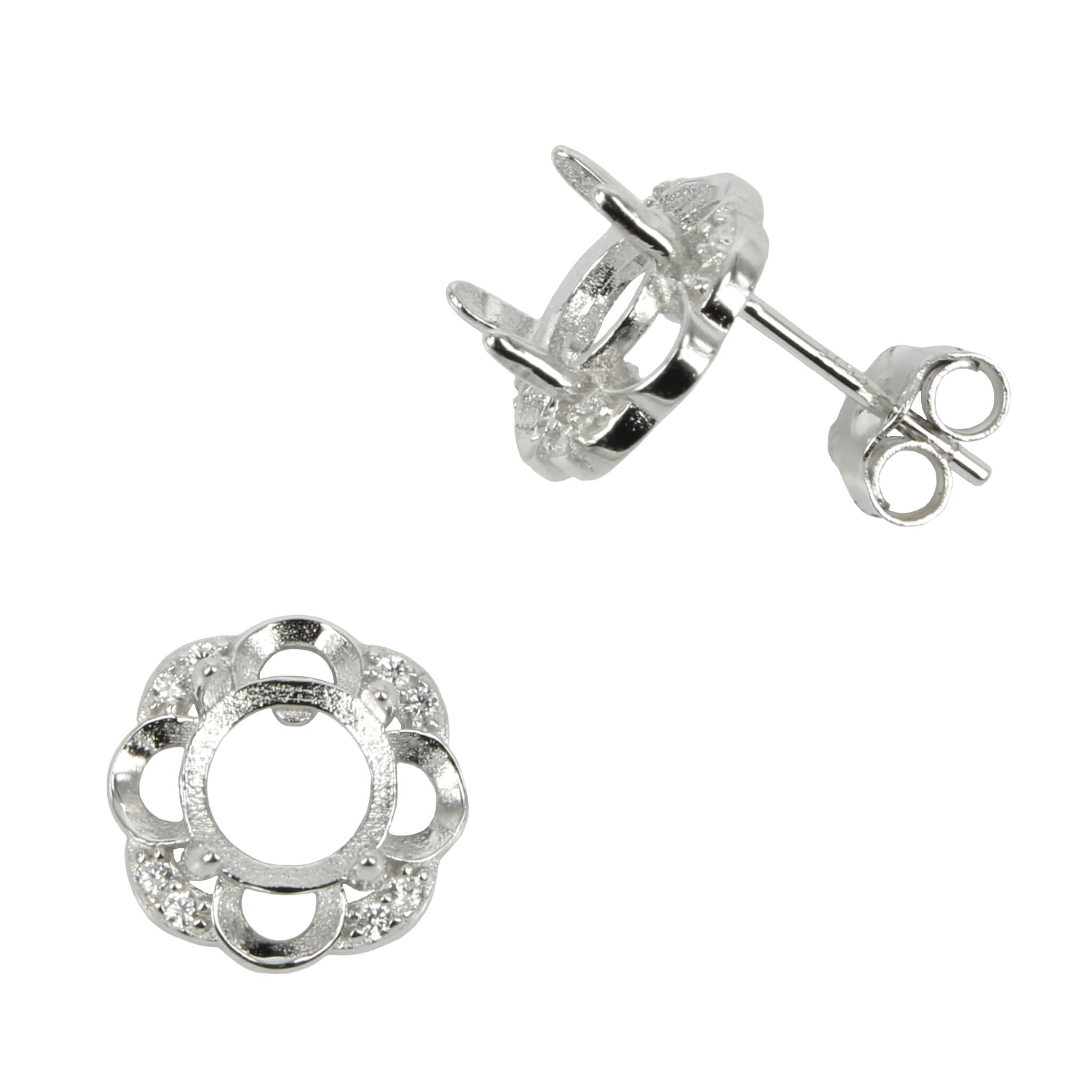 Curved CZ Borders Stud Earrings with Round Prong Mounting in Sterling Silver for 6mm Stones