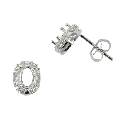 Oval CZ Border Stud Earrings with Oval Prong Mounting in Sterling Silver for 4x6mm Stones