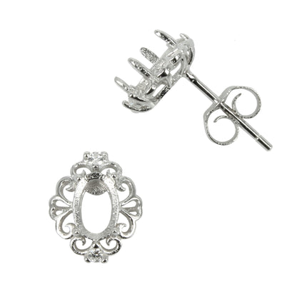 Scrollwork Oval CZ Border Stud Earrings with Oval Prong Mounting in Sterling Silver for 4x6mm Stones