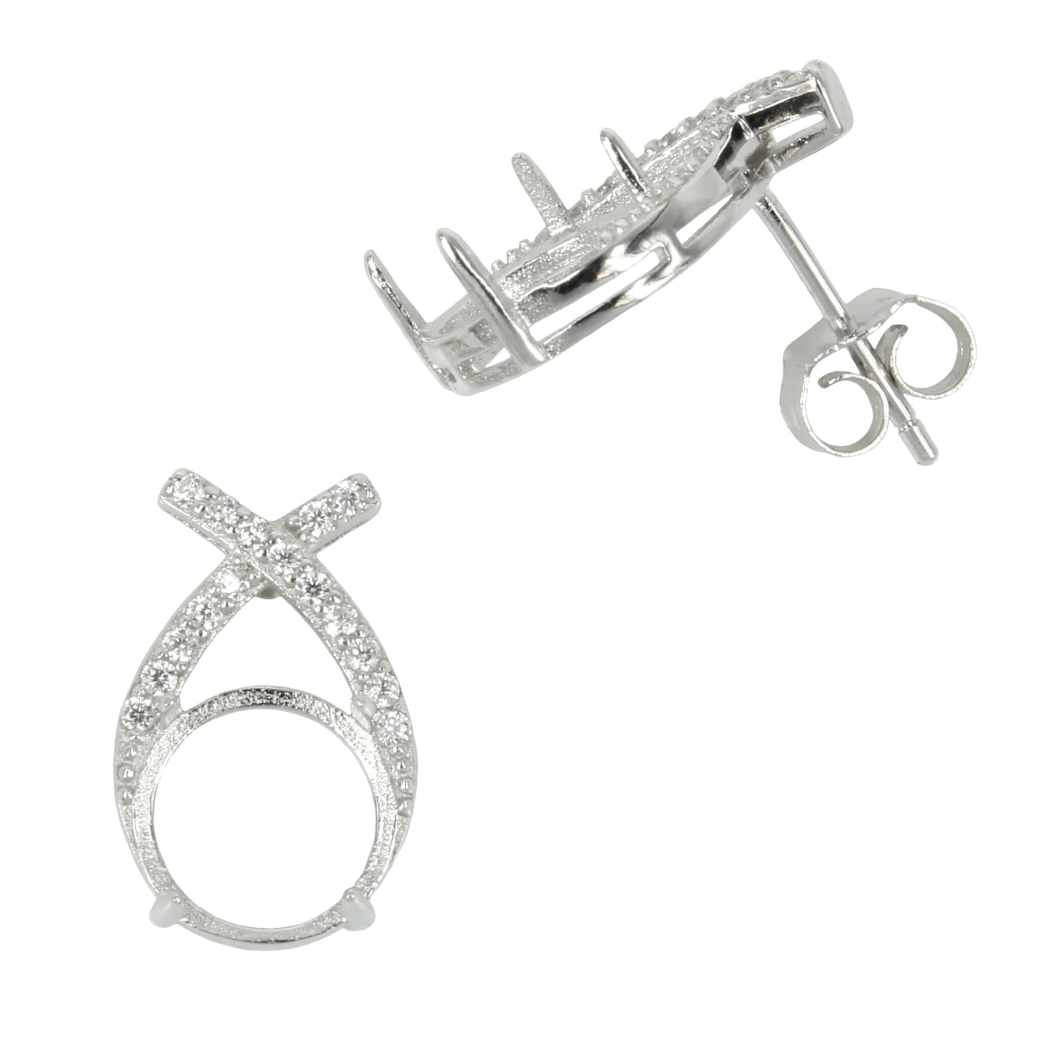 Crossed CZ Ribbons Stud Earrings with Round Prong Mounting in Sterling Silver for 8mm Stones
