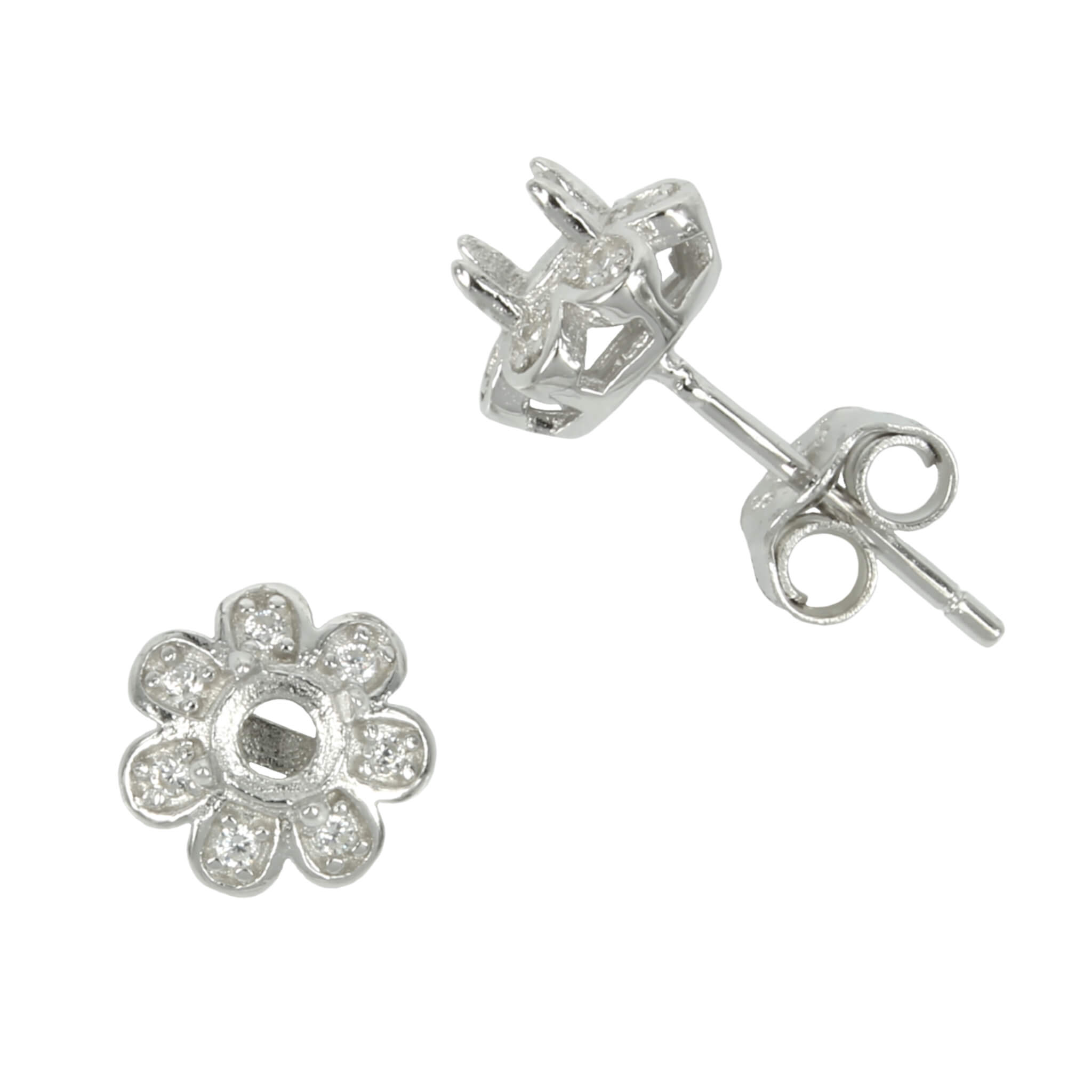 CZ Daisy Stud Earrings with Round Prong Mounting in Sterling Silver for 3mm Stones