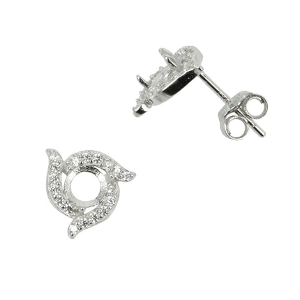 CZ Ribbons Stud Earrings with Round Prong Mounting in Sterling Silver for 4mm Stones