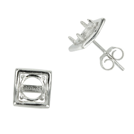 Square Border Stud Earrings with Round Prong Mounting in Sterling Silver for 6mm Stones