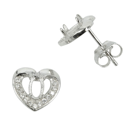 Heart Border w/CZ's Stud Earrings with Oval Prong Mounting in Sterling Silver for 3x5mm Stones