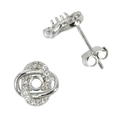 Twinned Ovals CZ Border Stud Earrings with Round Prong Mounting in Sterling Silver for 3mm Stones