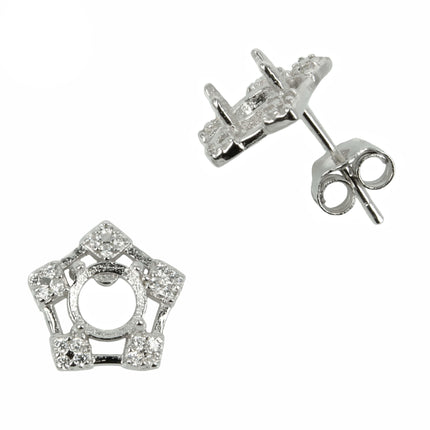 Pentagon w/CZ's Stud Earrings with Round Prong Mounting in Sterling Silver for 5mm Stones