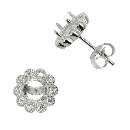 CZ Flower Halo Stud Earrings with Round Prong Mounting in Sterling Silver for 5mm Stones