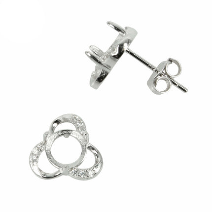 Trefoil w/CZ's Stud Earrings with Round Prong Mounting in Sterling Silver for 6mm Stones