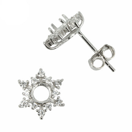 Snowflake & CZ's Stud Earrings with Round Prong Mounting in Sterling Silver for 4mm Stones