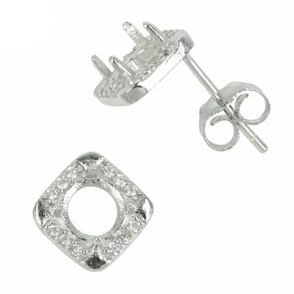 Square Halo Stud Earrings with Round Prong Mounting in Sterling Silver for 4mm Stones