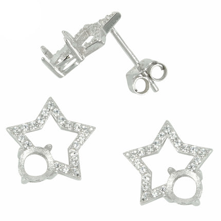 Star Stud Earrings with Round Prong Mounting in Sterling Silver for 4.5mm Stones
