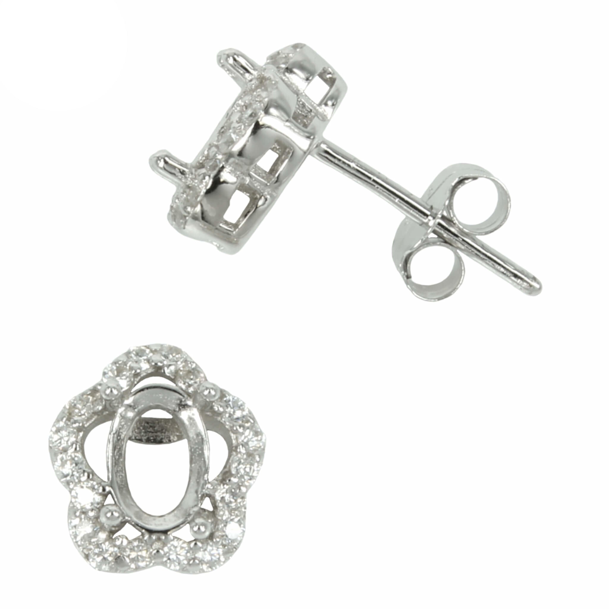 CZ Flower Halo Stud Earrings with Oval Prong Mounting in Sterling Silver for 4x6mm Stones