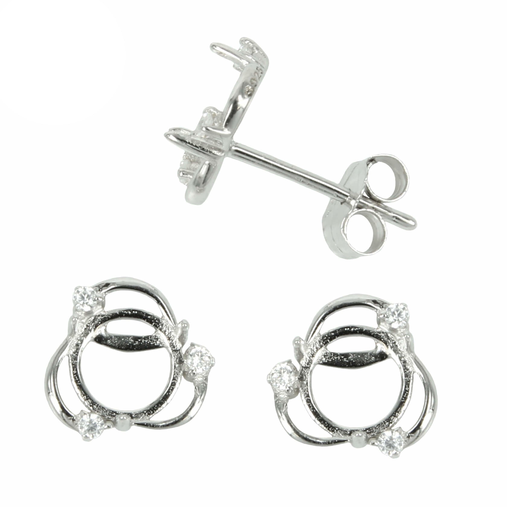 Trio of CZ's Border Stud Earrings with Round Prong Mounting in Sterling Silver for 6mm Stones (Small)