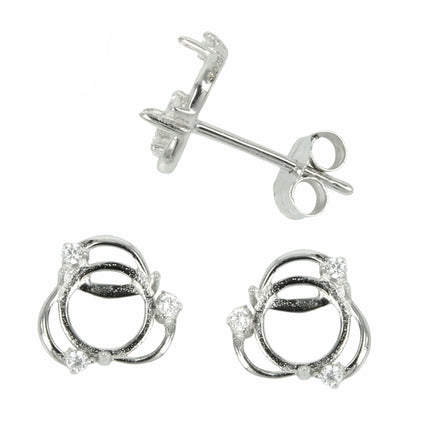 Trio of CZ's Border Stud Earrings with Round Prong Mounting in Sterling Silver for 6mm Stones (Small)