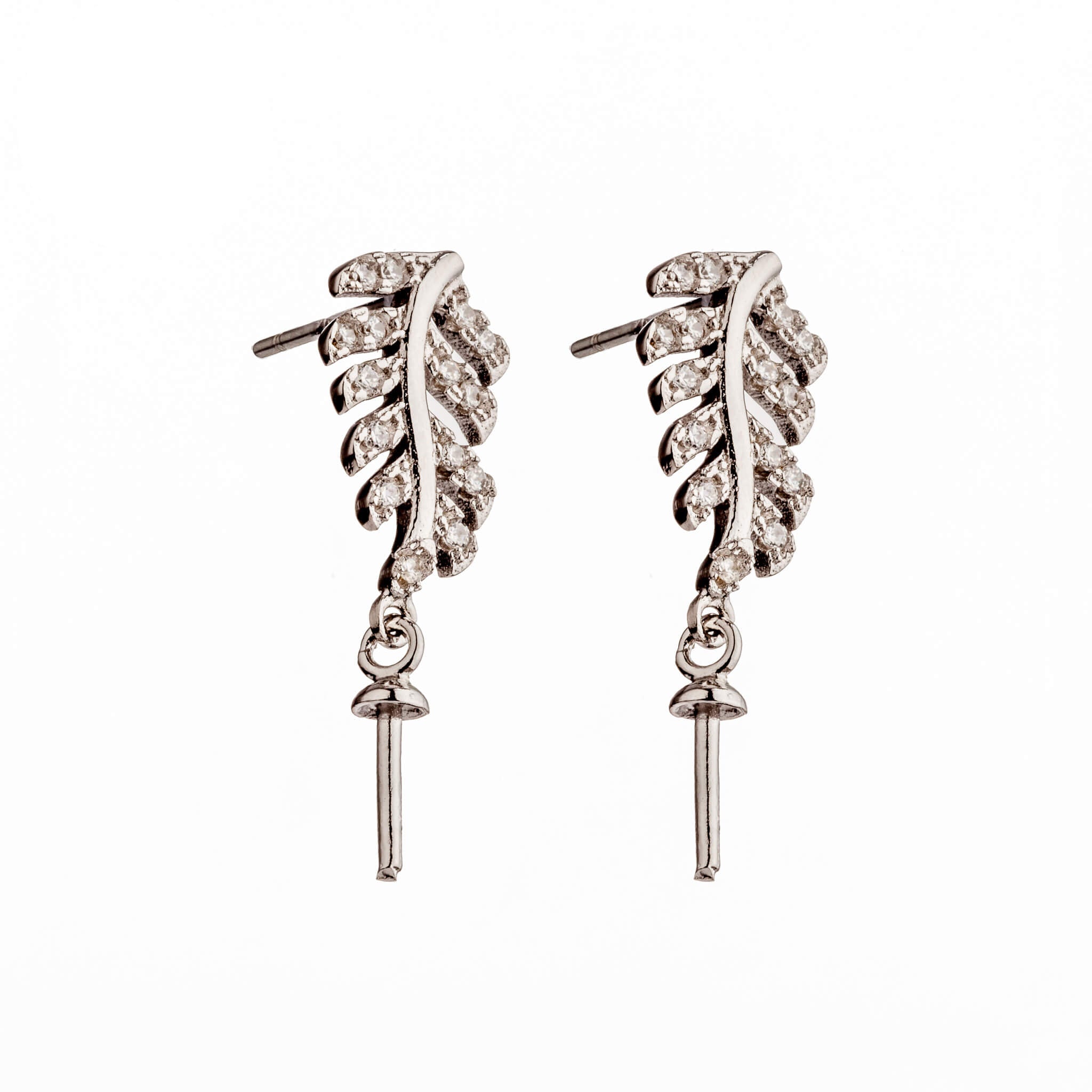 Ear Studs with Cubic Zirconia Inlays Leaf and Cup and Peg Mounting in Sterling Silver
