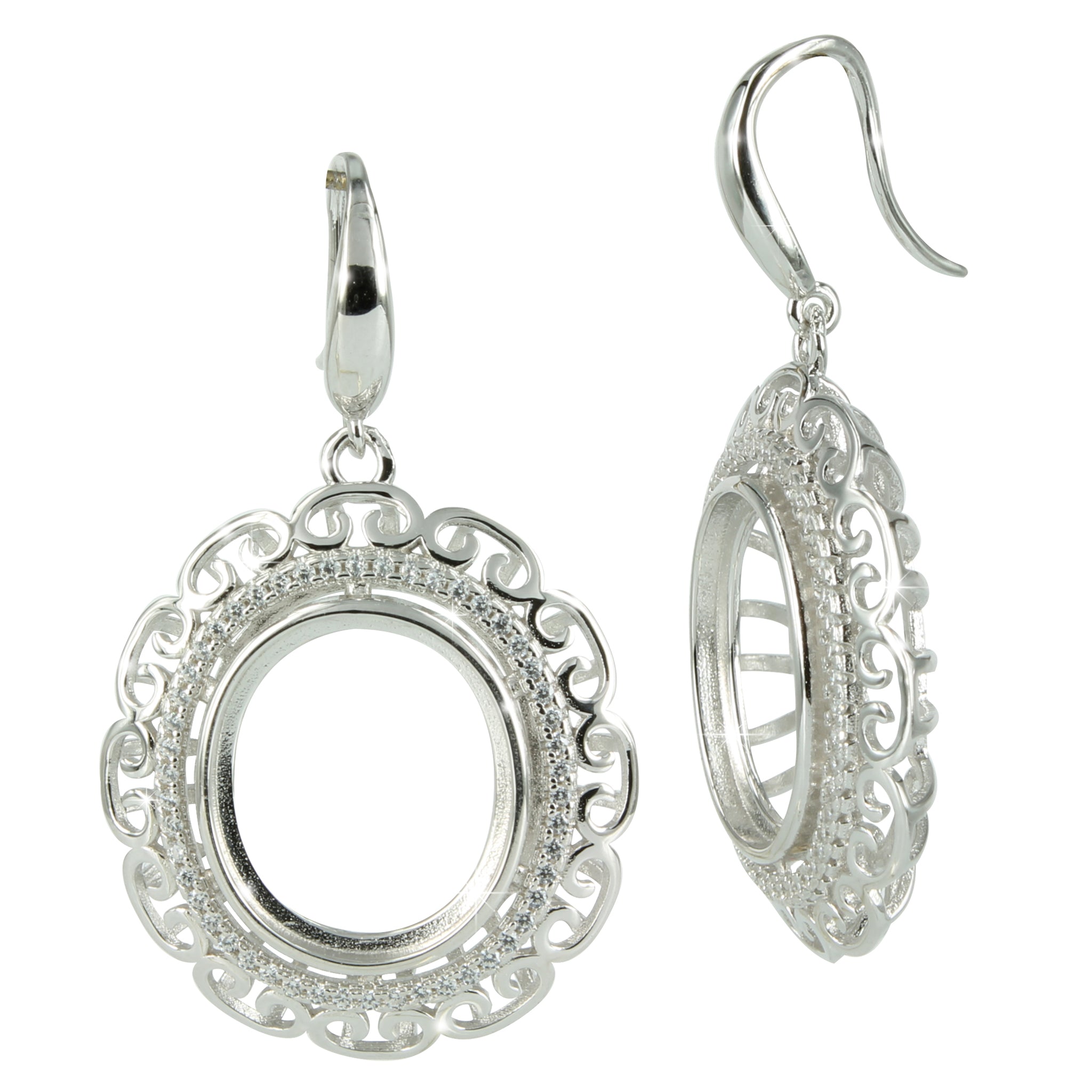 Curlicues & CZ's Halo Earrings with Oval Bezel Mounting in Sterling Silver for 13x15mm Oval Cabs