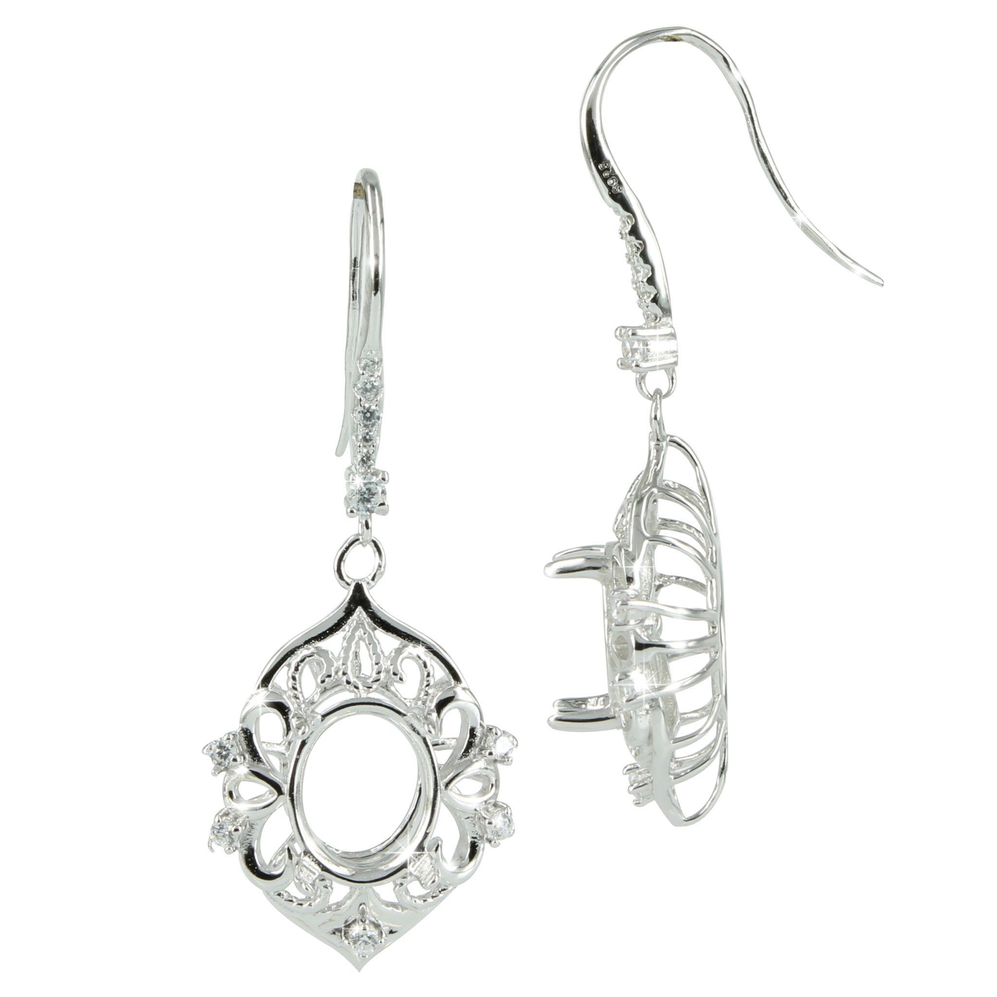 Victorian Rococo Earrings with Oval Setting in Sterling Silver for 8x10mm Oval Stones