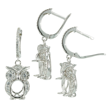 Pavé Owl Earrings with Oval Setting in Sterling Silver for 6x8mm Oval Stones