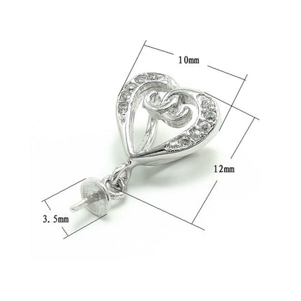 Heart Cup& Peg Bail with CZ in Rhodium Plated Sterling Silver 16.4x9.9x5.4mm