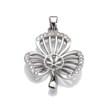 Clover Pendant with Cubic Zirconia Inlays and Cup and Peg Mounting and Bail in Sterling Silver 5mm