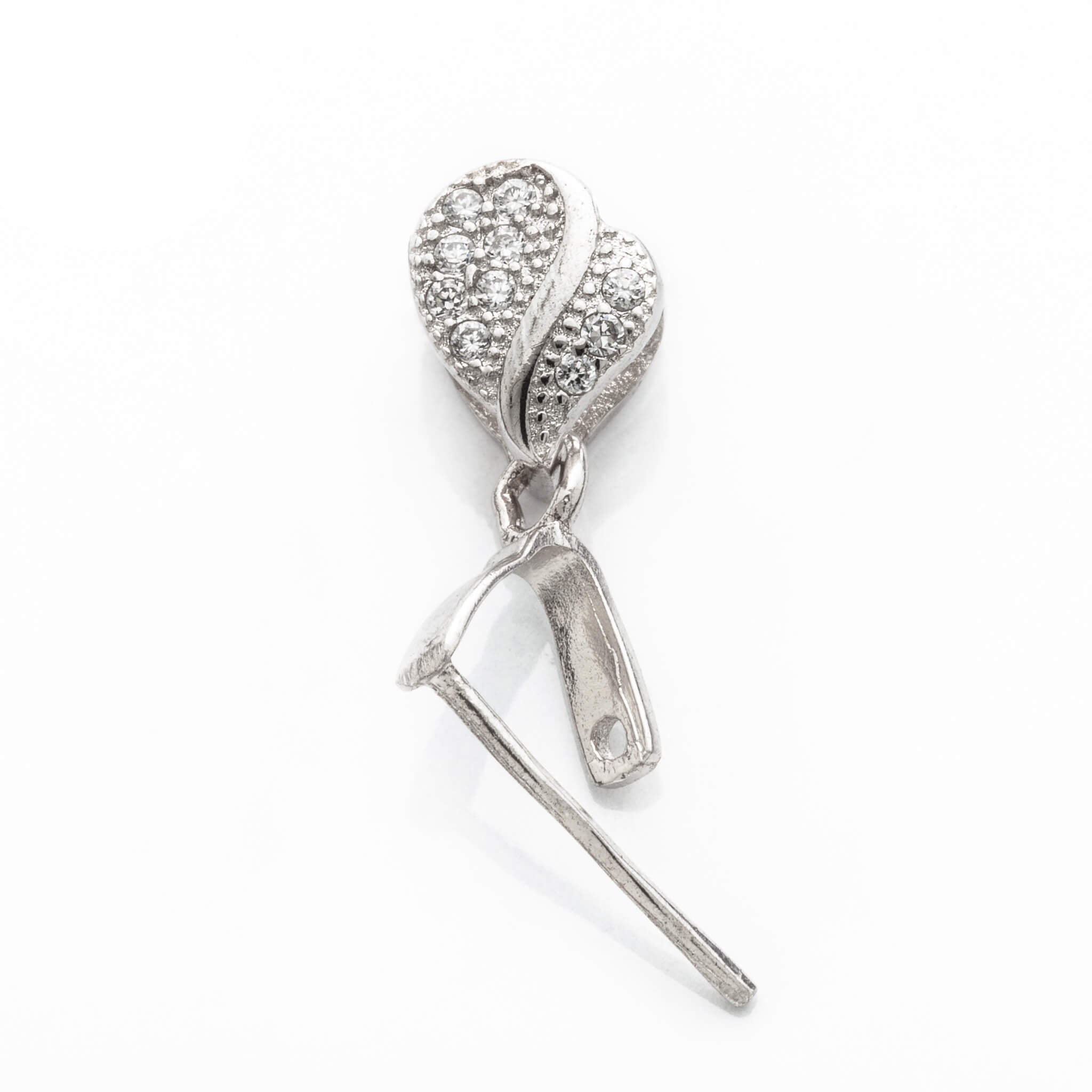 Heart Pinch Bail with CZ's in Rhodium Plated Sterling Silver 13.5x5.4mm