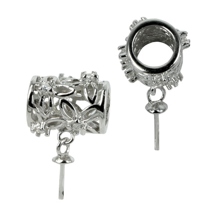 Floral Filigree Tube Cup & Peg Pearl Bail with CZ's in Sterling Silver 11x10mm