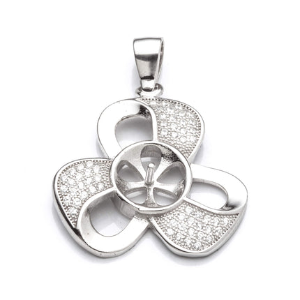 Clover Pendant with Cubic Zirconia Inlays and Cup and Peg Mounting and Bail in Sterling Silver 8mm
