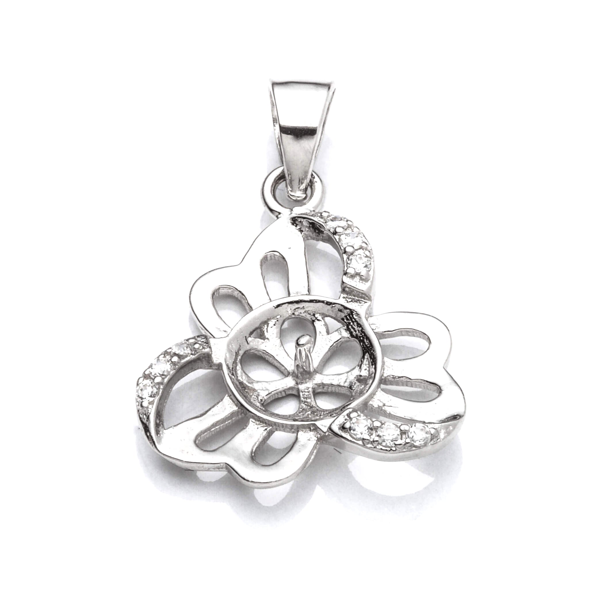 Clover Pendant with Cubic Zirconia Inlays and Cup and Peg Mounting and Bail in Sterling Silver 7mm