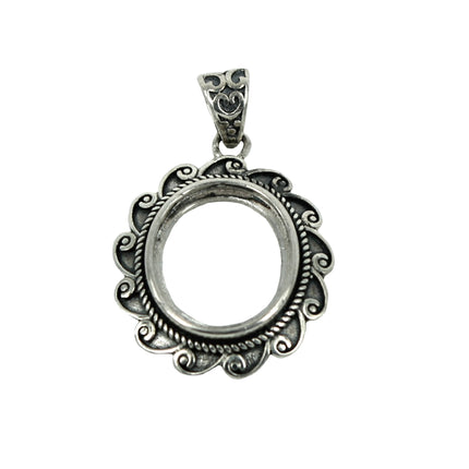 Curlicue Framed Oval Pendant with Soldered Loop and Bail in Sterling Silver 12x14mm