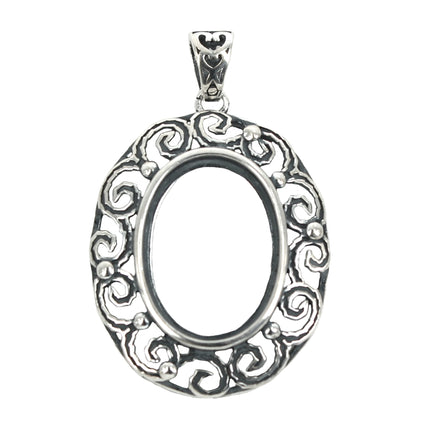 Wide Curlicue Framed Oval Pendant with Soldered Loop and Bail in Sterling Silver 13x18mm