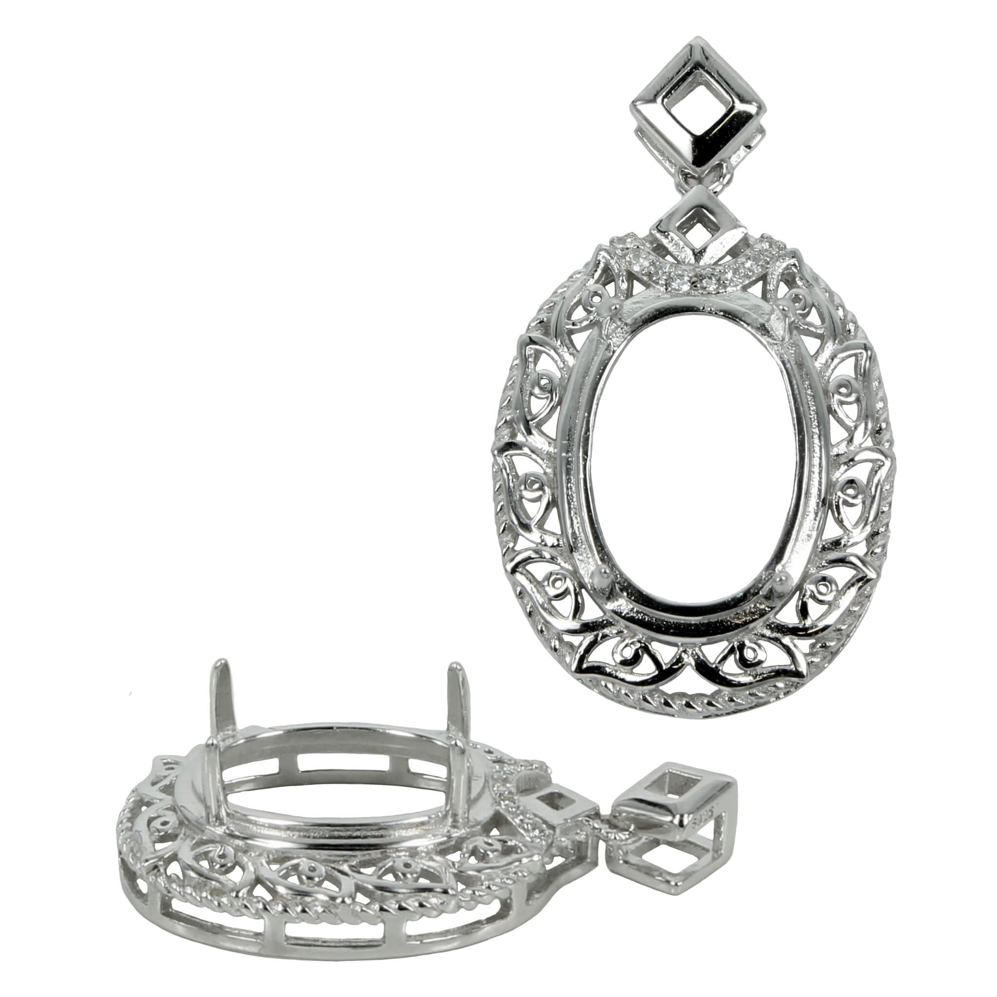 Oval Pendant with Vine Motif & CZ's Border for 10x14mm Stones in Sterling Silver