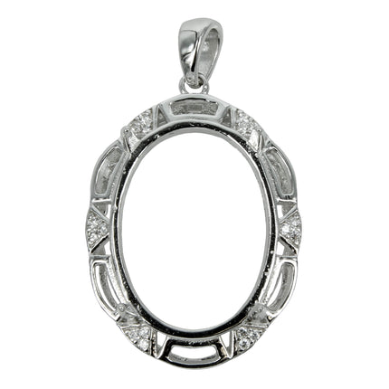 Oval Pendant with CZ set Decorative Border for 15x20mm Stones in Sterling Silver