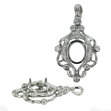Oval Pendant with CZ's & Flourishes for 8x10mm Stones in Sterling Silver