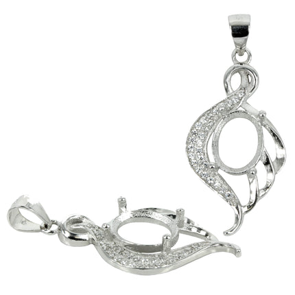 Oval Flourishes Pendant with Cubic Zirconia Inlays and Oval Prong Mounting in Sterling Silver for 8x10mm Stones