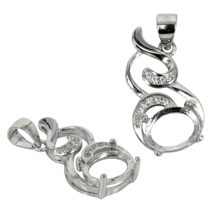 Tilted Oval Flourishes Pendant with Cubic Zirconia Inlays and Oval Prong Mounting in Sterling Silver for 7x9mm Stones
