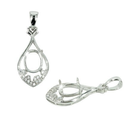 Teardrop Pendant with Cubic Zirconia Inlays and Oval Prong Mounting in Sterling Silver for 7x9mm Stones