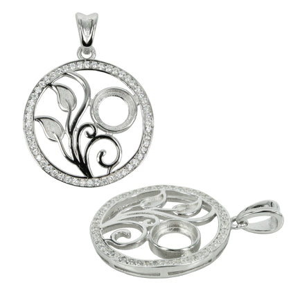 CZ Border Floral Pendant With Round Mounting in Sterling Silver for 7mm Stones