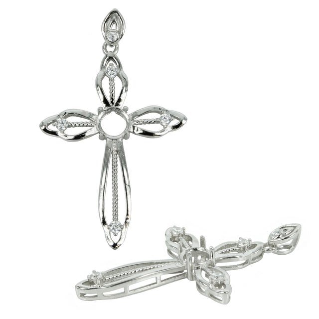 Cross Pendant With Round Mounting in Sterling Silver for 5mm Stones
