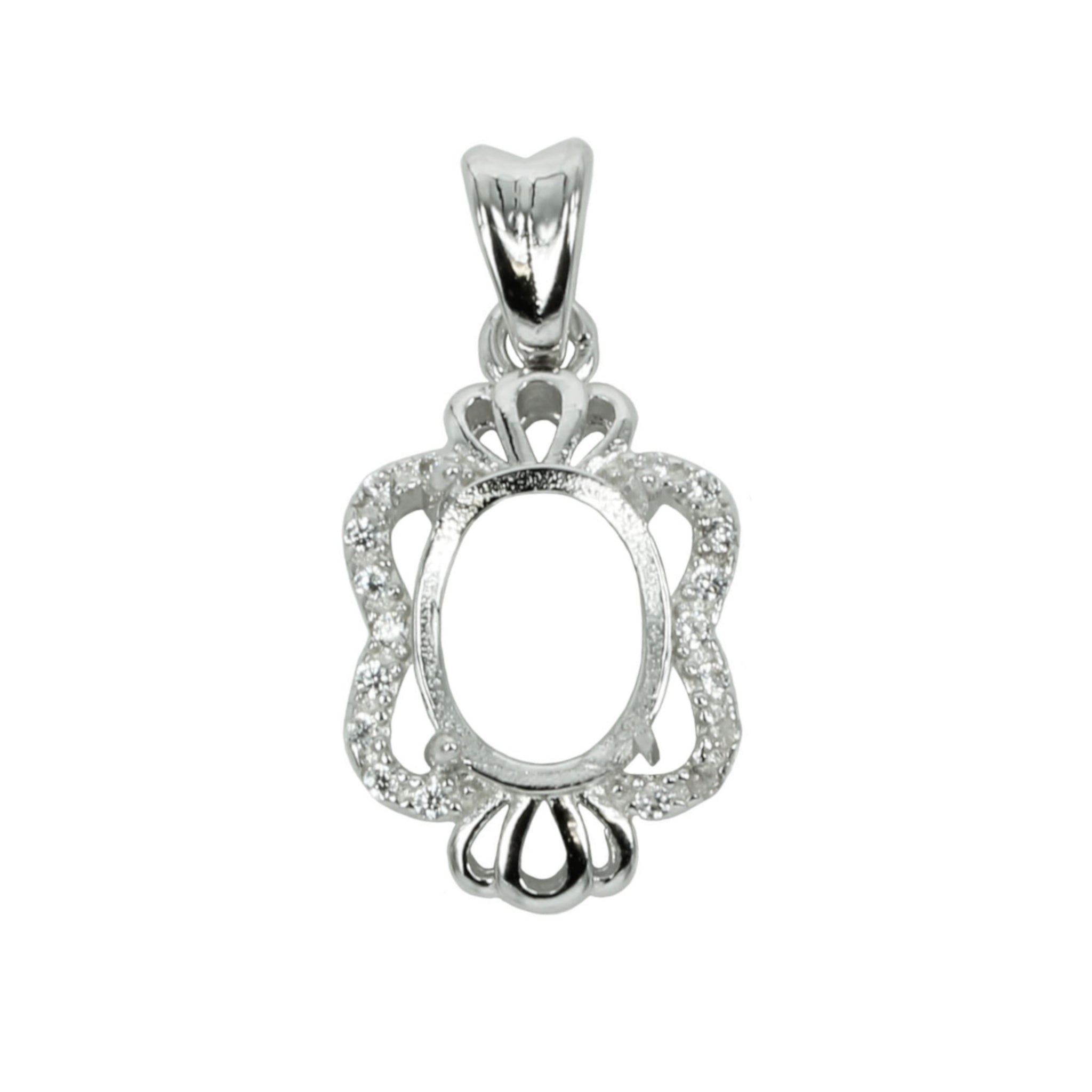 Crowned Pendant with CZ's in Sterling Silver for 7x9mm Stones