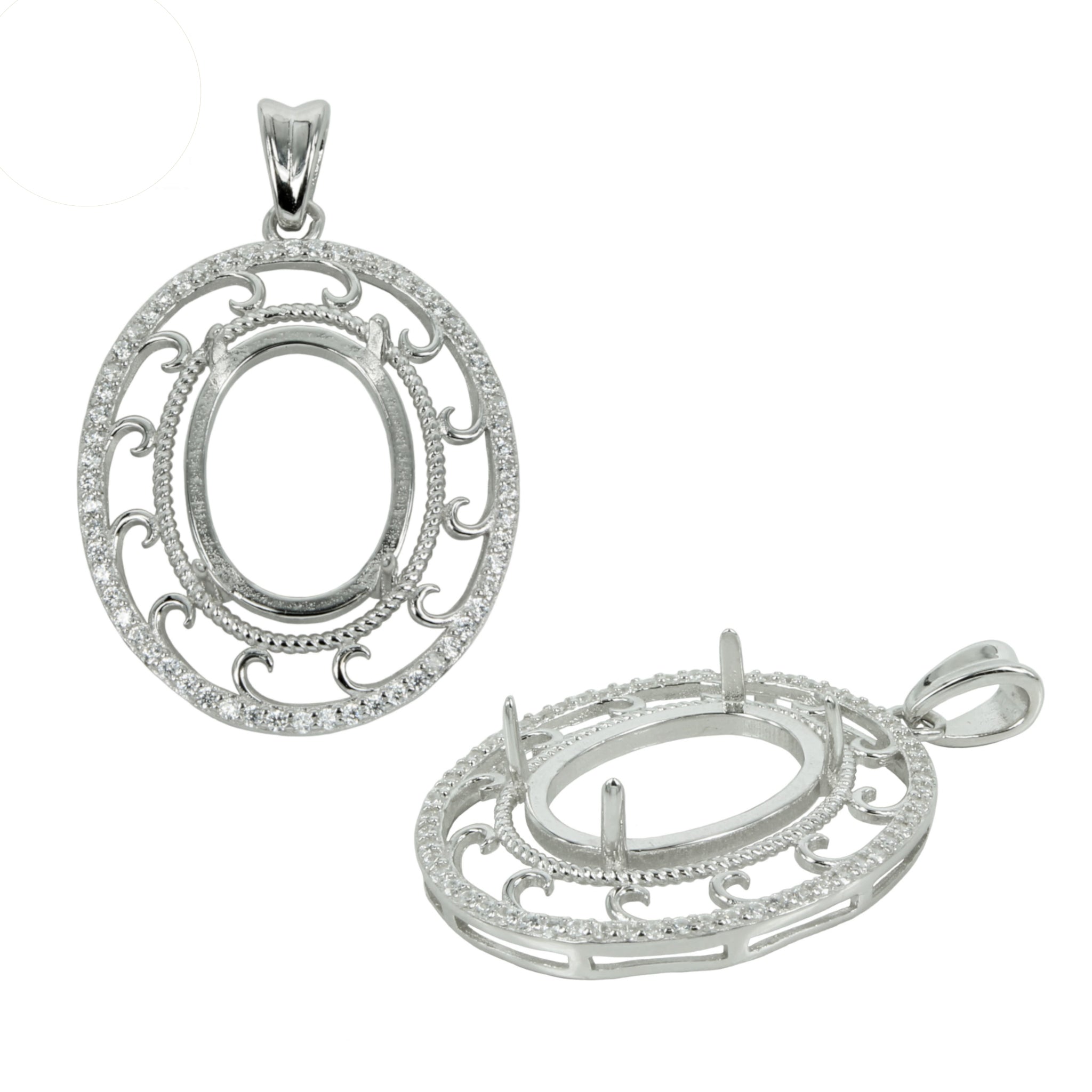 Oval Waves CZ Halo Pendant with Soldered Loop and Bail in Sterling Silver for 12x16mm Stones