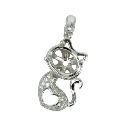 Heart Kitty Pendant in Sterling Silver with CZ's for 7x9mm Stones
