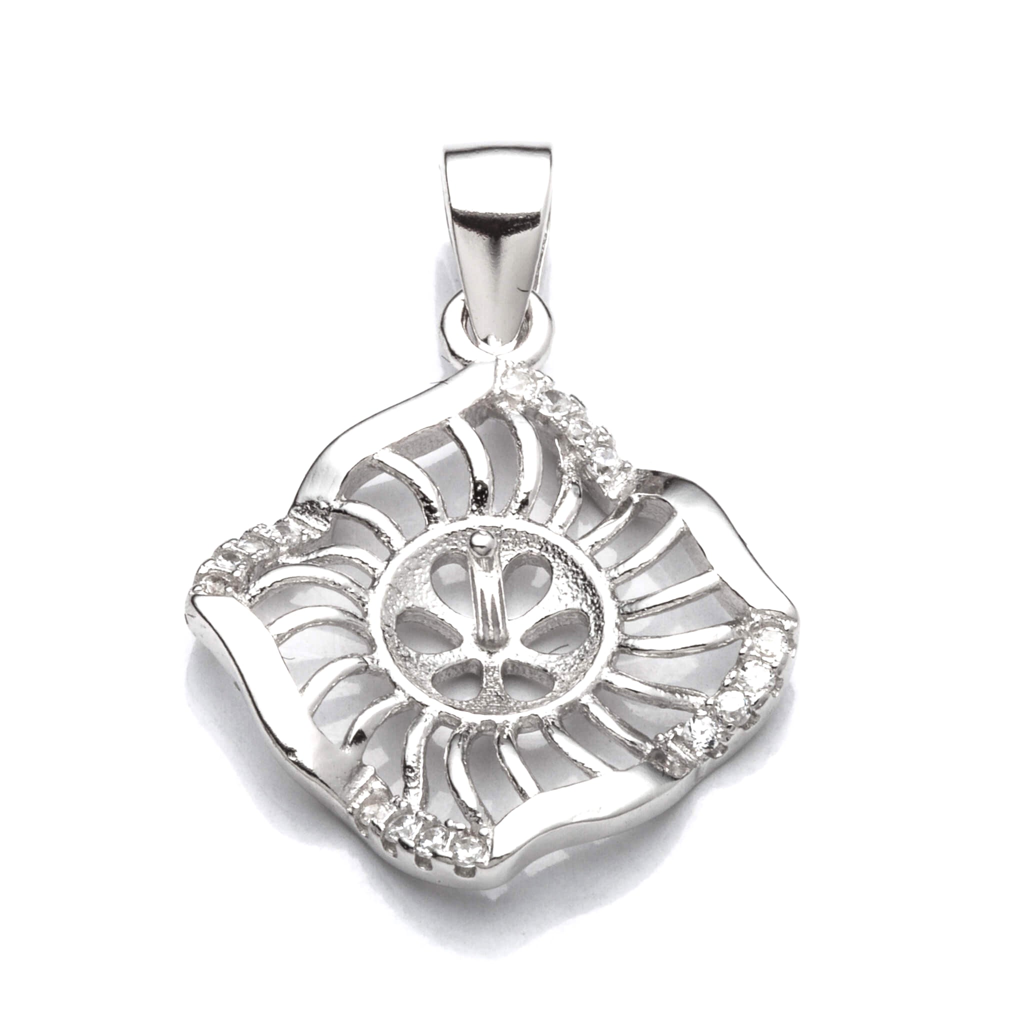 Floral Pendant with Cubic Zirconia Inlays and Cup and Peg Mounting and Bail in Sterling Silver 6mm