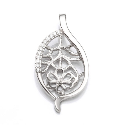 Leaf Pendant with Cubic Zirconia Inlays and Cup and Peg Mounting in Sterling Silver 8mm