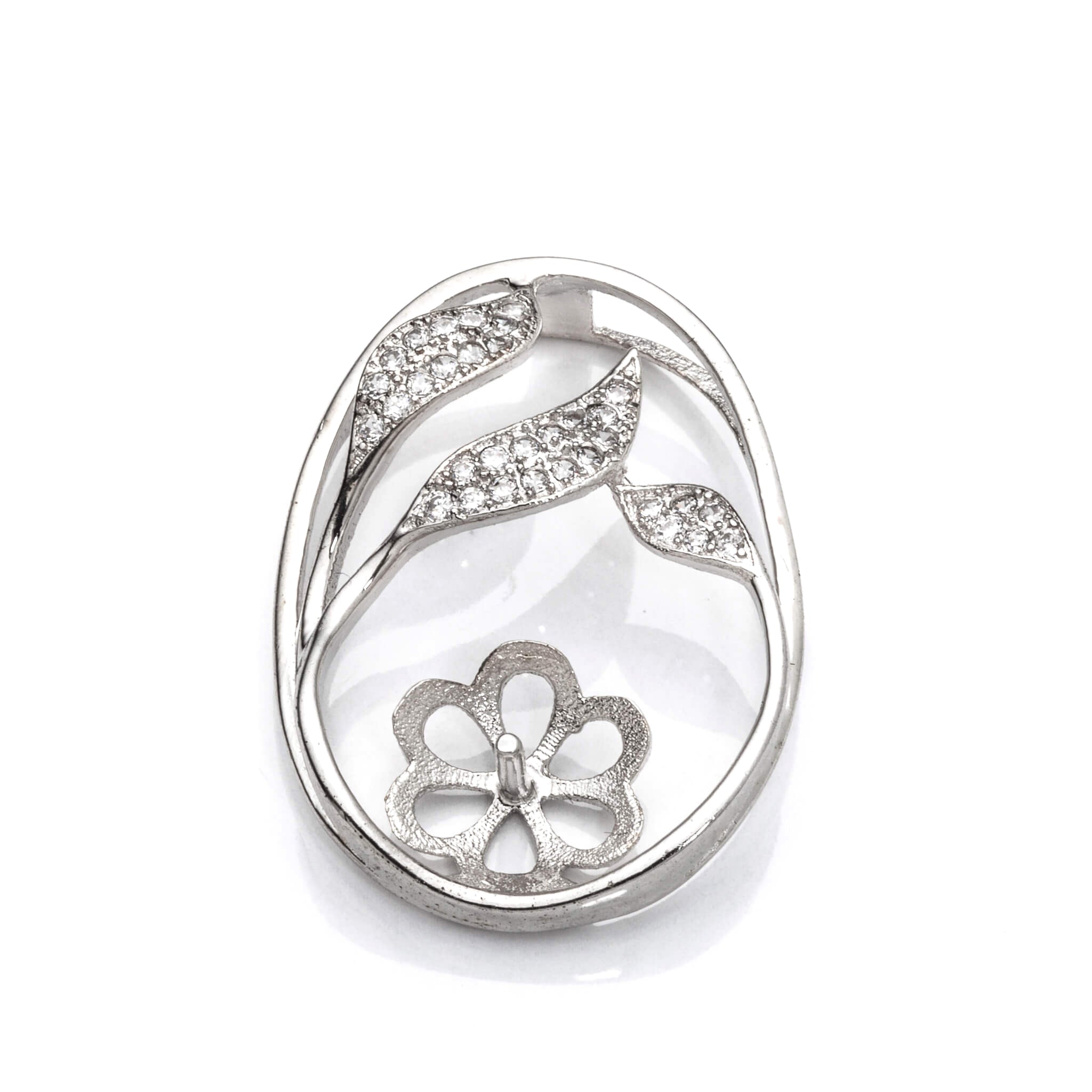 Leaf Pendant with Cubic Zirconia Inlays and Cup and Peg Mounting in Sterling Silver 8mm