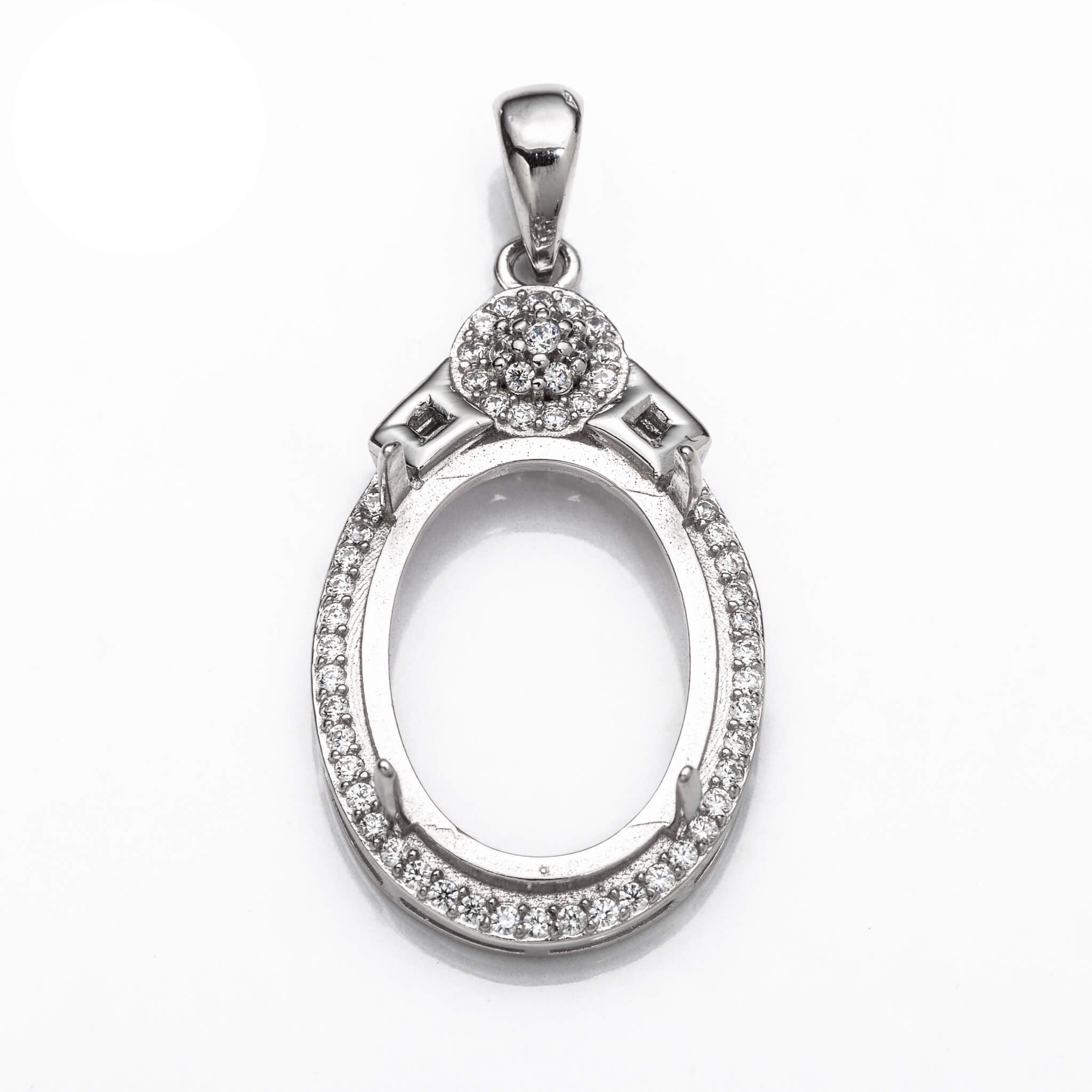 Oval Pendant with Cubic Zirconia Inlays and Oval Mounting and Bail in Sterling Silver 14x19mm