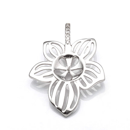 Flower Pendant with Cubic Zirconia Inlays and Cup and Peg Mounting in Sterling Silver 8mm