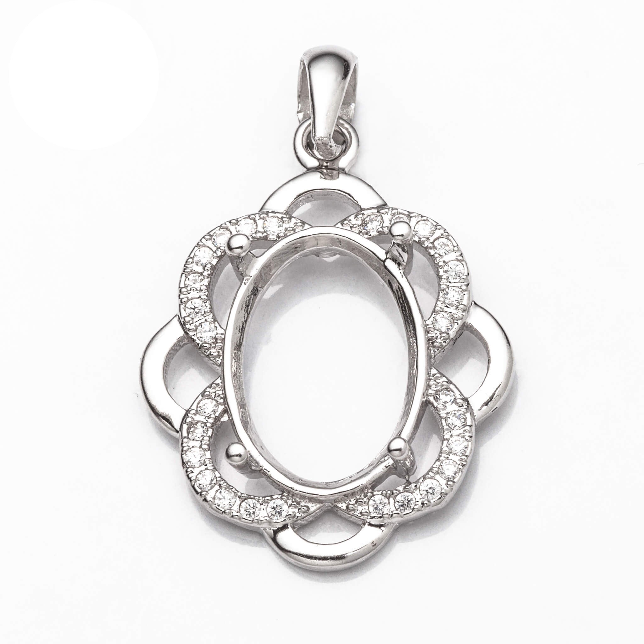 Pendant with Cubic Zirconia Inlays and Oval Mounting and Bail in Sterling Silver 9x14mm