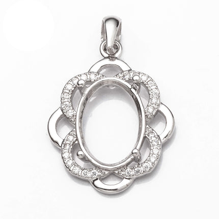 Pendant with Cubic Zirconia Inlays and Oval Mounting and Bail in Sterling Silver 9x14mm