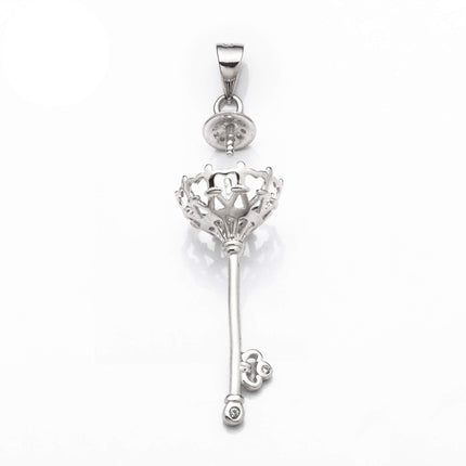 Key Pendant with Cubic Zirconia Inlays and Cup and Peg Mounting and Bail in Sterling Silver 10mm