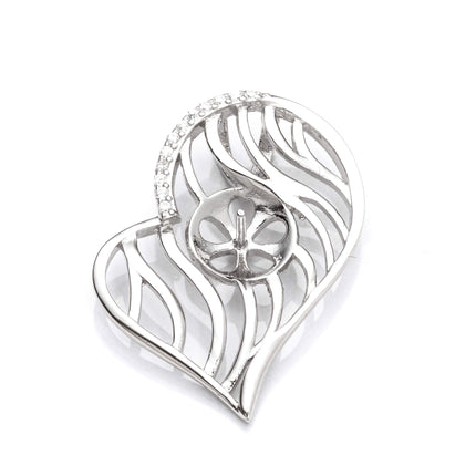 Angled Heart Pendant with Cubic Zirconia Inlays and Cup and Peg Mounting in Sterling Silver 6mm